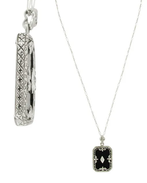 Art Deco Filigree Onyx Pendant Necklace with Diamond in 14 Karat White Gold