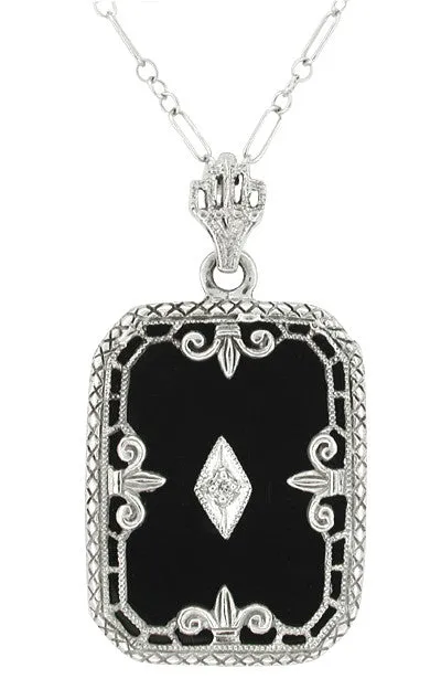 Art Deco Filigree Onyx Pendant Necklace with Diamond in 14 Karat White Gold