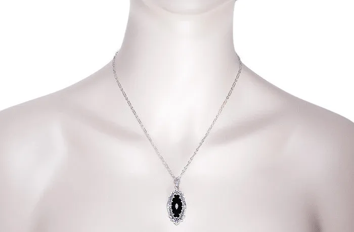 Art Deco Onyx and Diamond Filigree Pendant Necklace in Sterling Silver