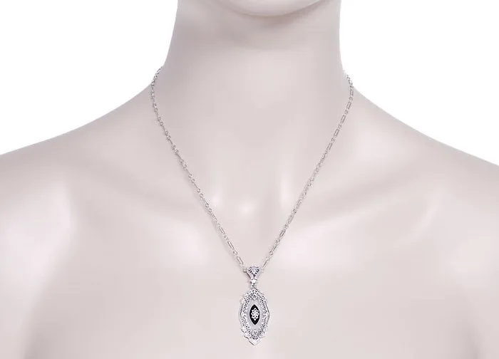 Art Deco Onyx, Camphor Crystal & Diamond Filigree Pendant Necklace in Sterling Silver