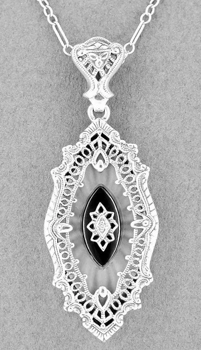 Art Deco Onyx, Camphor Crystal & Diamond Filigree Pendant Necklace in Sterling Silver