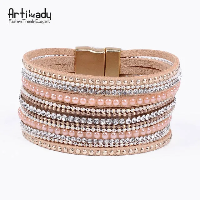 Artilady natural crystal bracelet luxury exclusive design genuine leather statement bangles for women with magic closure jewelry