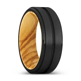 AUBREY | Olive Wood, Black Tungsten Ring, Grooved, Stepped Edge