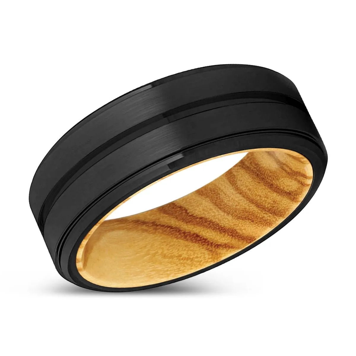 AUBREY | Olive Wood, Black Tungsten Ring, Grooved, Stepped Edge