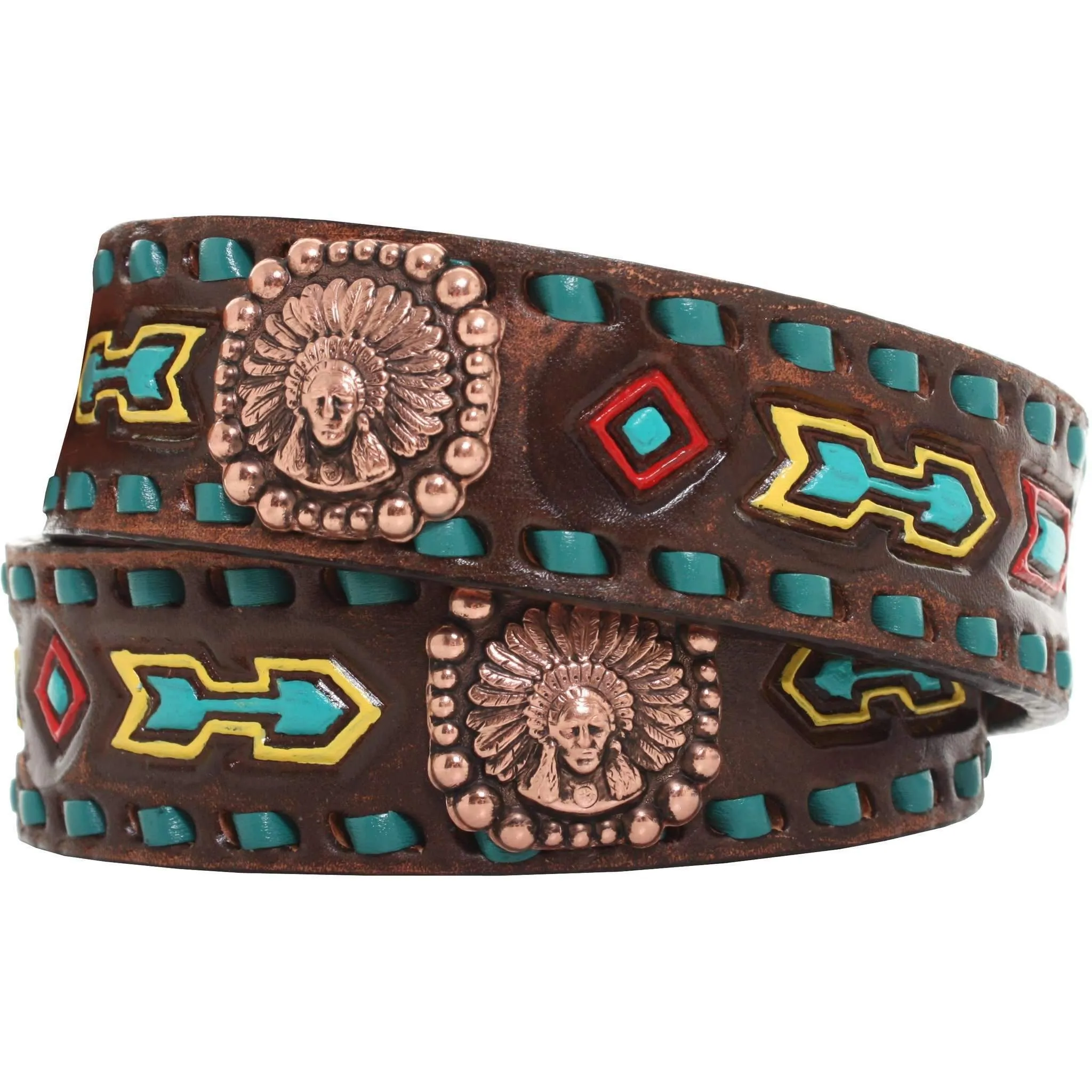 B870A - Brown Vintage Painted Tooled Belt