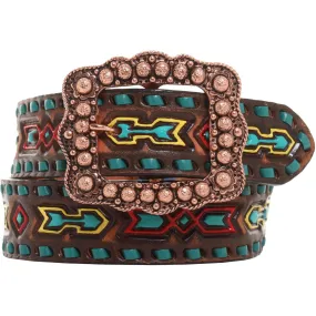 B870A - Brown Vintage Painted Tooled Belt