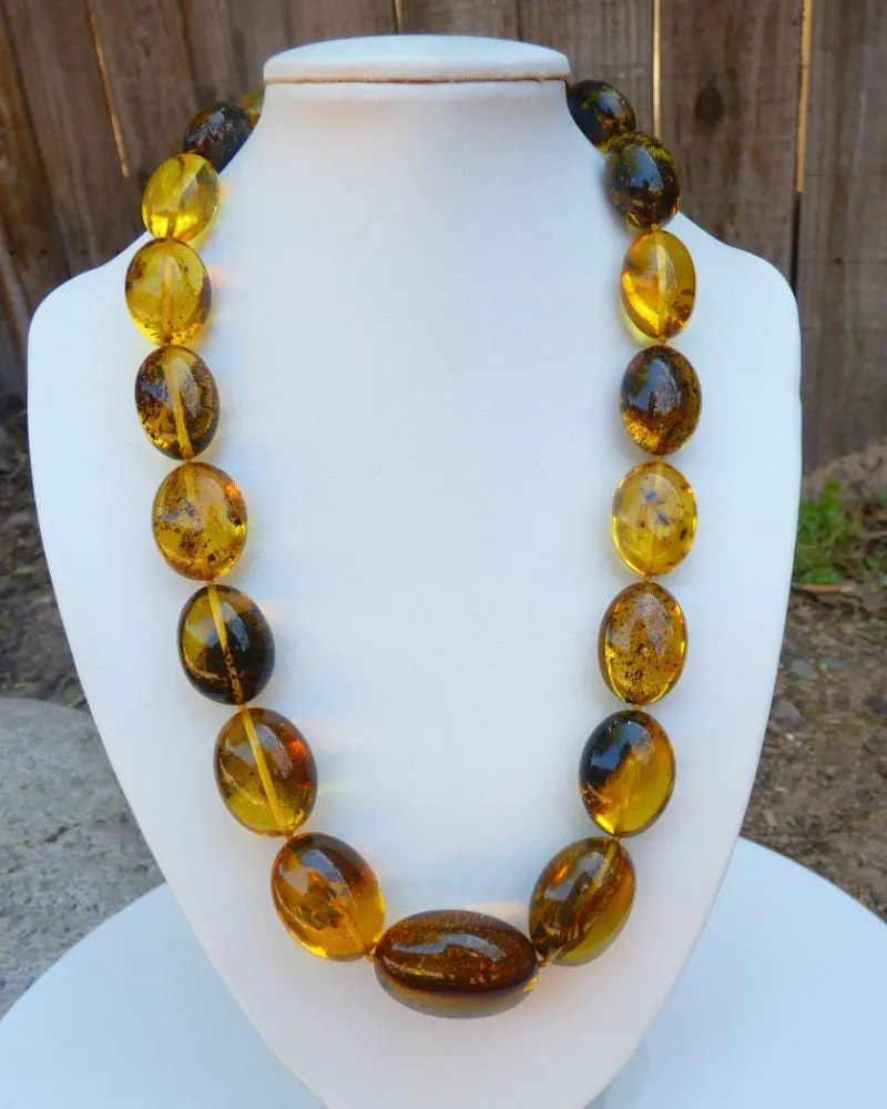 Baltic Amber Necklace with Inclusions Olive Beads Natural Raw Untreated Yellow Jewelry 20″ 65 gram