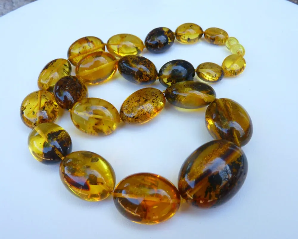 Baltic Amber Necklace with Inclusions Olive Beads Natural Raw Untreated Yellow Jewelry 20″ 65 gram