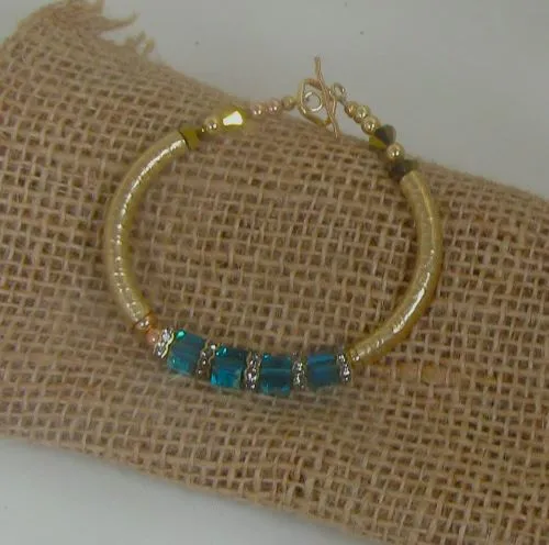 Bangle Bracelet with Blue Crystal Cube and Gold  Bangle