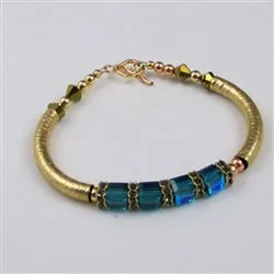 Bangle Bracelet with Blue Crystal Cube and Gold  Bangle