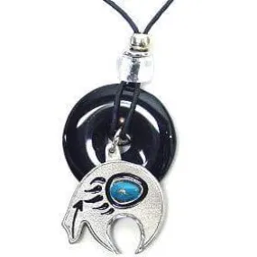 Bear Fetish Adjustable Cord Necklace with Onyx Colored Disc