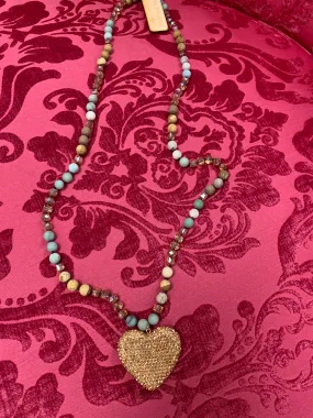 Bernadette Pink Panache Crystal Heart Necklace - Amber Gold Mix