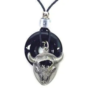 Bison Skull Adjustable Cord Necklace with Onyx Colored Disc