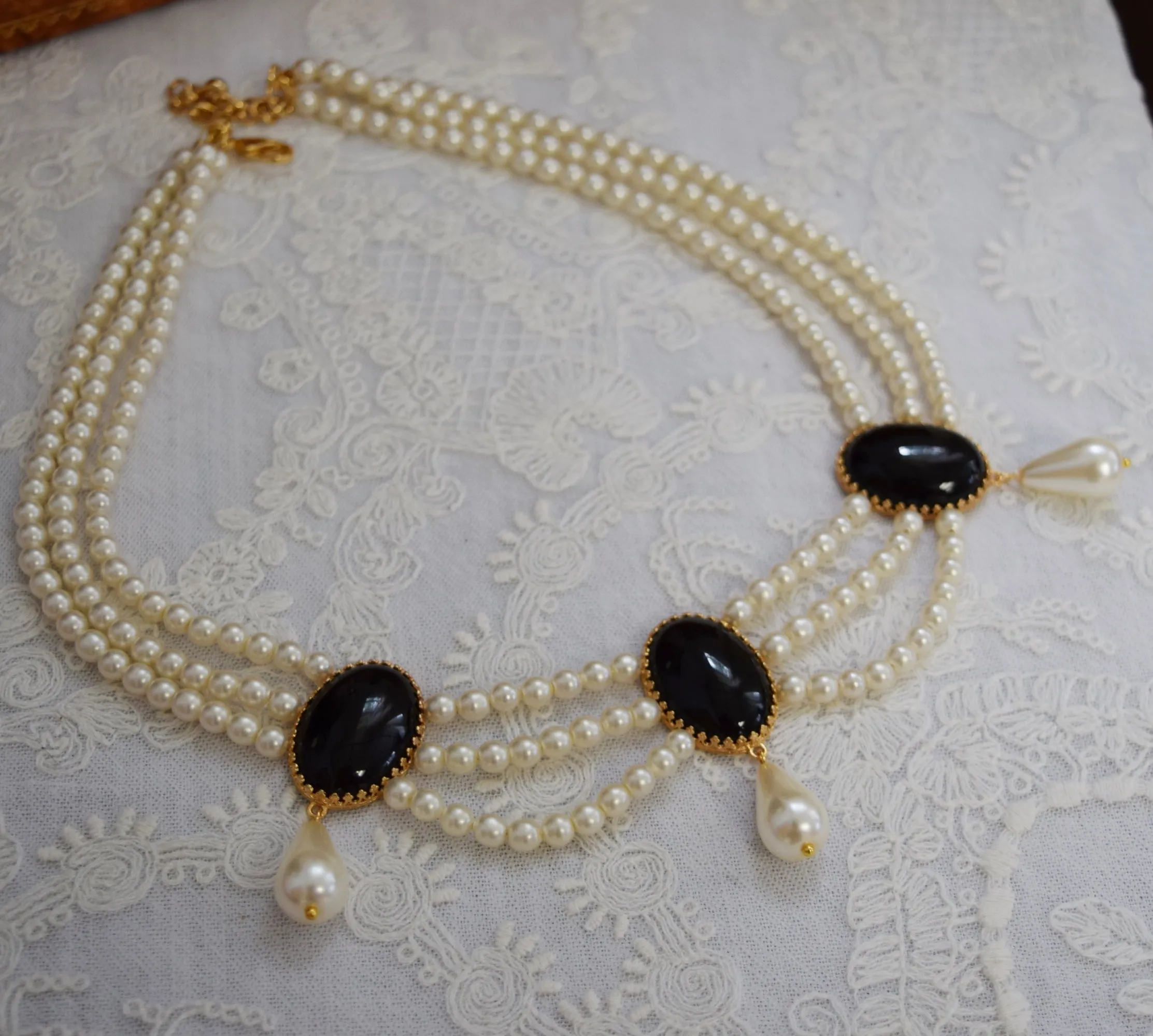 Black Onyx and Pearl Festoon Necklace