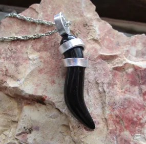 Black Onyx Little Horn Cornicello Wire Wrapped Pendant Necklace