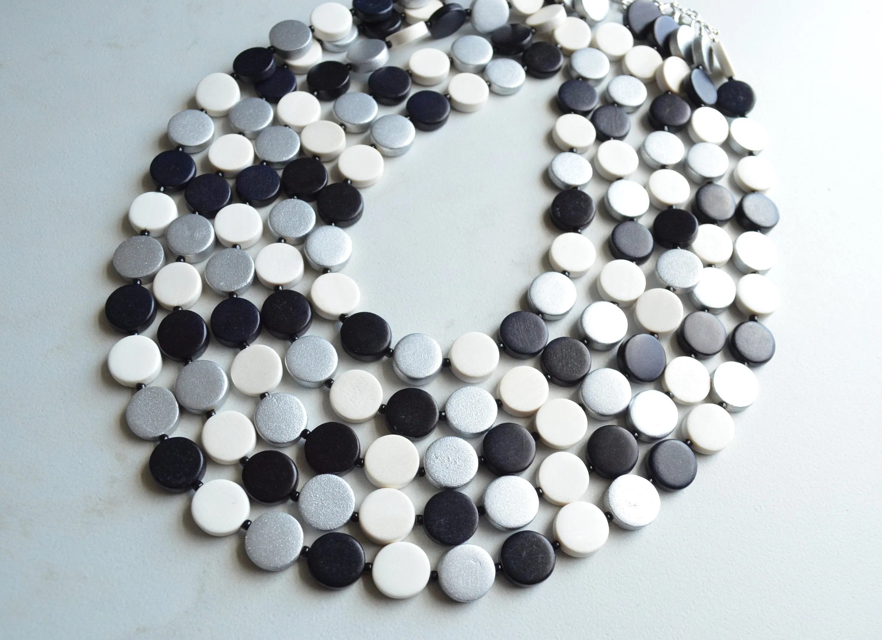 Black Silver White Wood Beaded Multi Strand Statement Necklace - Charlotte