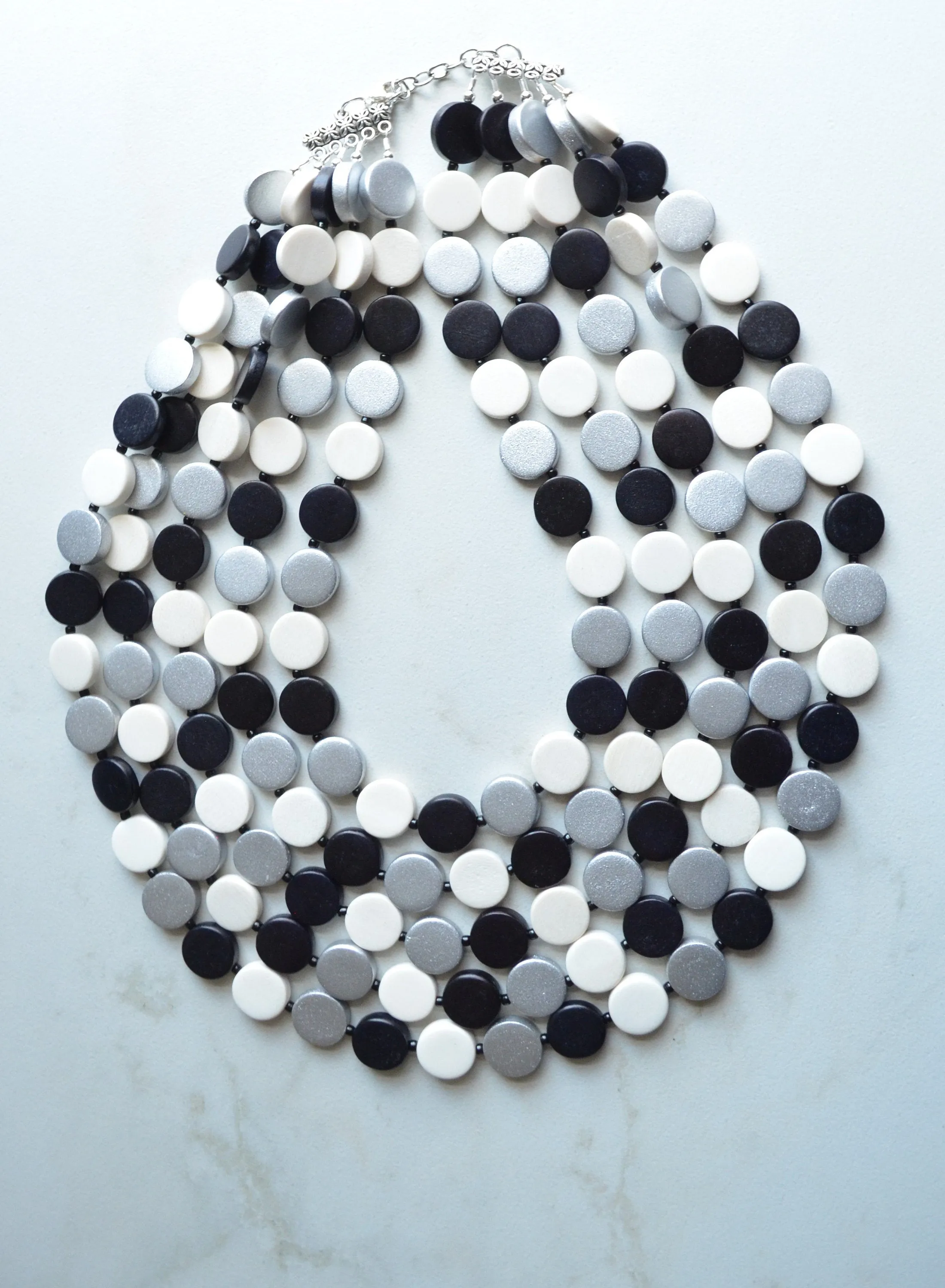 Black Silver White Wood Beaded Multi Strand Statement Necklace - Charlotte