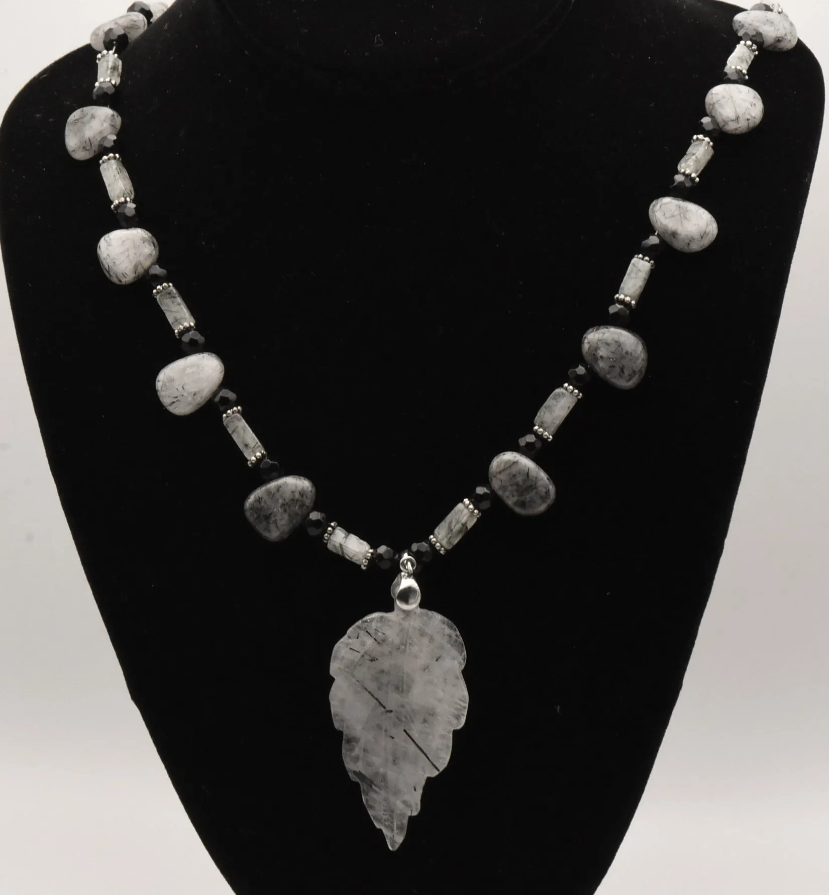 Black Tourmalinated Quartz Carved Leaf Pendant on Black Tourmalinated Beaded Necklace