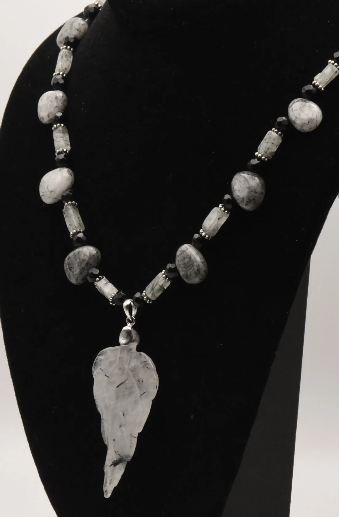 Black Tourmalinated Quartz Carved Leaf Pendant on Black Tourmalinated Beaded Necklace