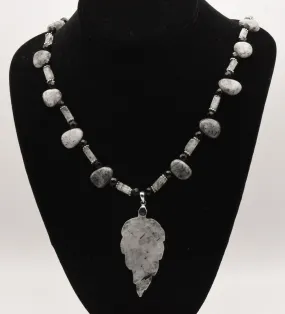 Black Tourmalinated Quartz Carved Leaf Pendant on Black Tourmalinated Beaded Necklace