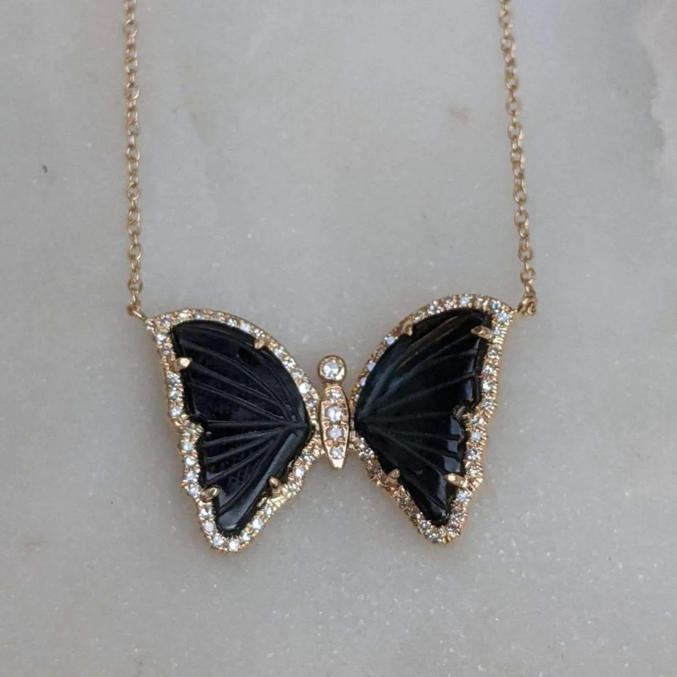 Black Tourmaline Butterfly Necklace With Diamonds