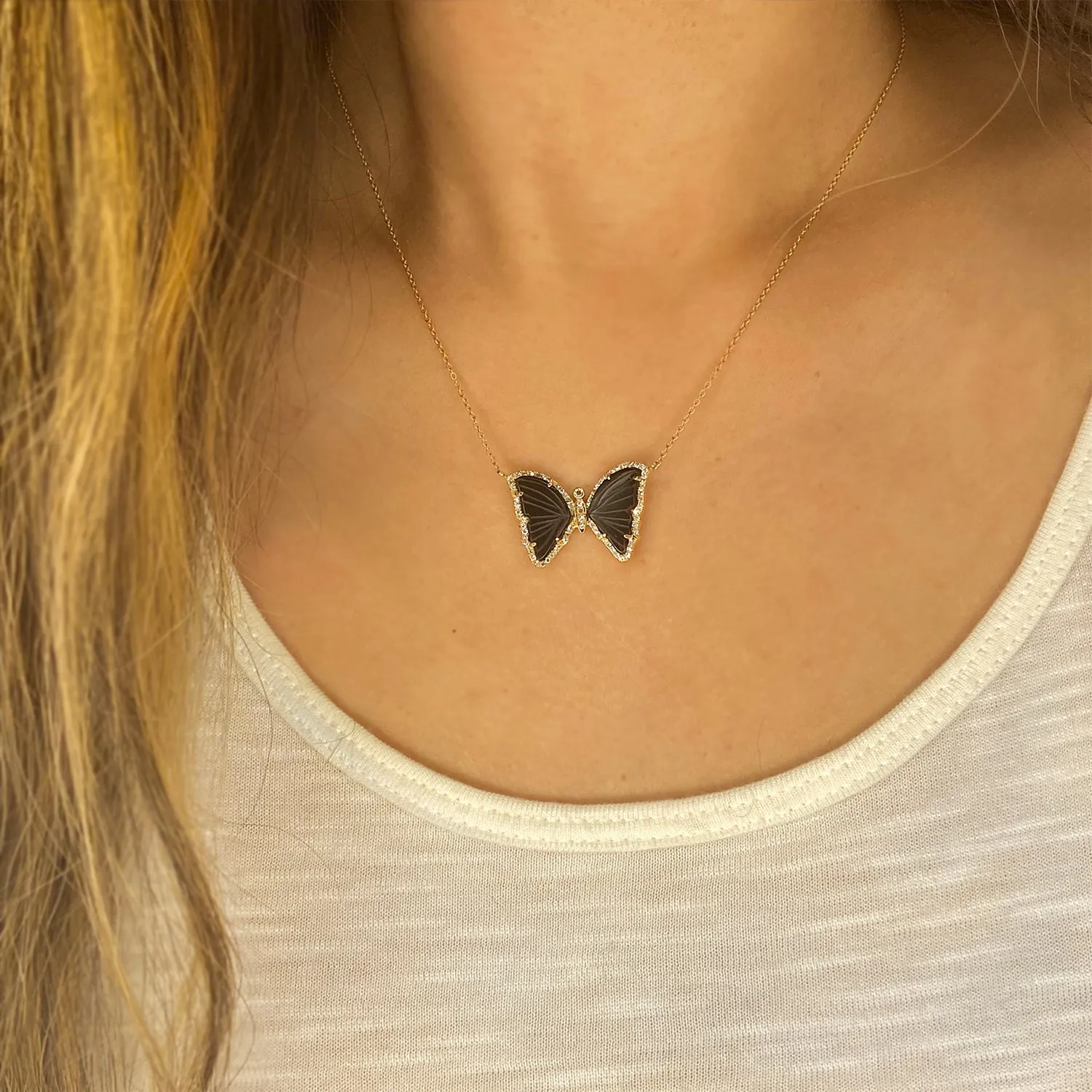 Black Tourmaline Butterfly Necklace With Diamonds