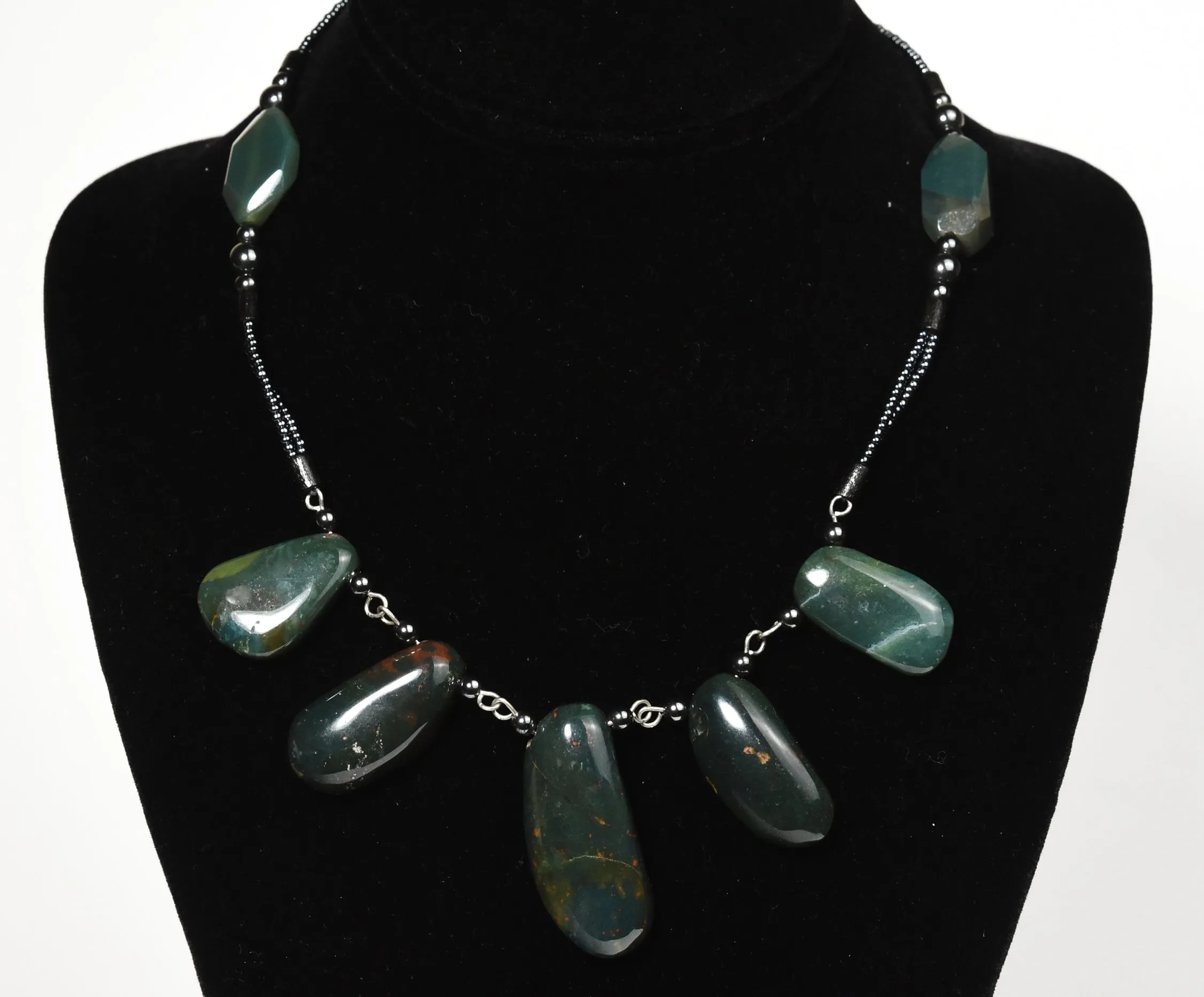 Bloodstone Pendants Necklace with Magnetite and Green Onyx Beads