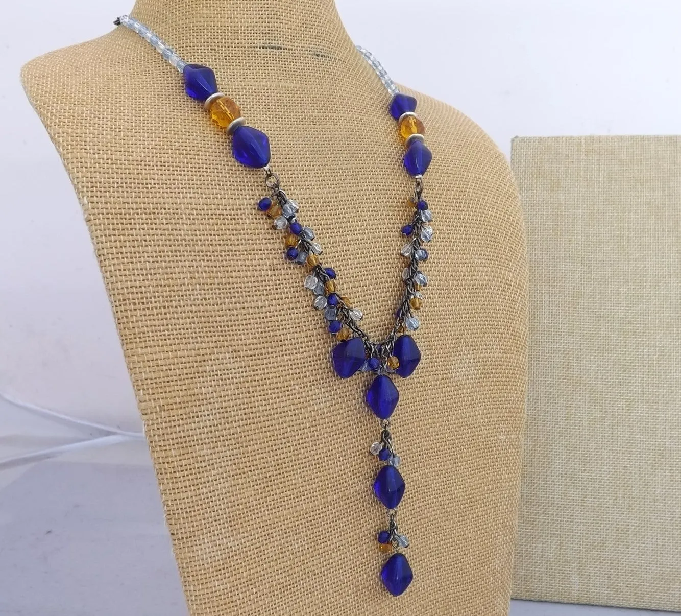 Blue, Amber & Gunmetal Grey Handmade Bead & Chain Necklace