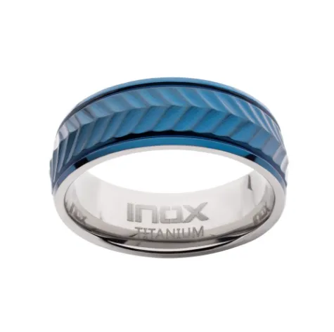 Blue IP Titanium Matte Finish Chevron Comfort Fit Ring, Sz 10.5