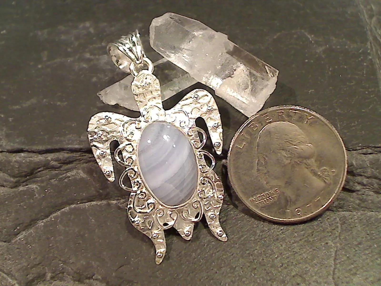 Blue Lace Agate, Sterling Sea Turtle Pendant