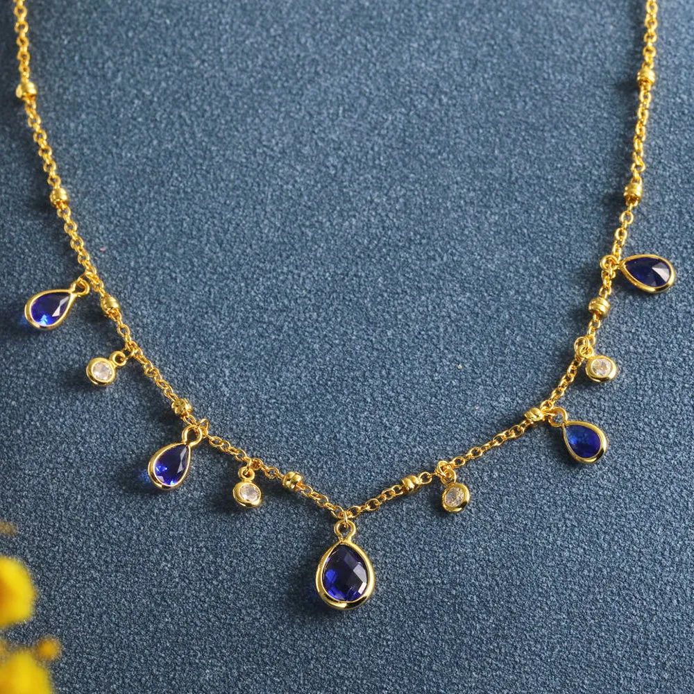 Blue Water Drop 24K Gold-Plated Copper Necklace Barceket Jewelry Set Gift Present for Woman