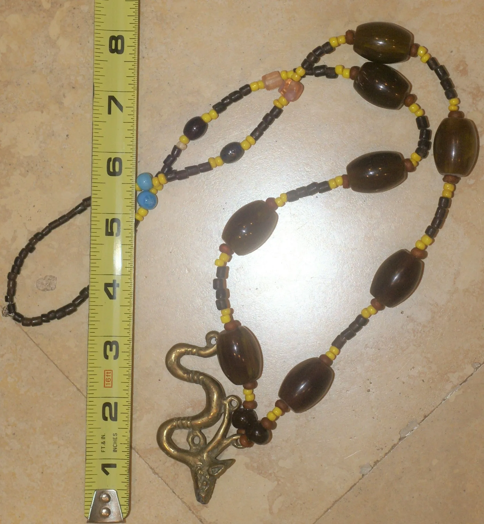 Borneo Tribal Oran Ulu, Dayak, Iban Tribe Heavy Brass Bronze Aso Dog Dragon Earring Talisman, Ear Weight Used as a Pendant for Necklace with Large Amber Beads & Old Glass Trade Beads NB21