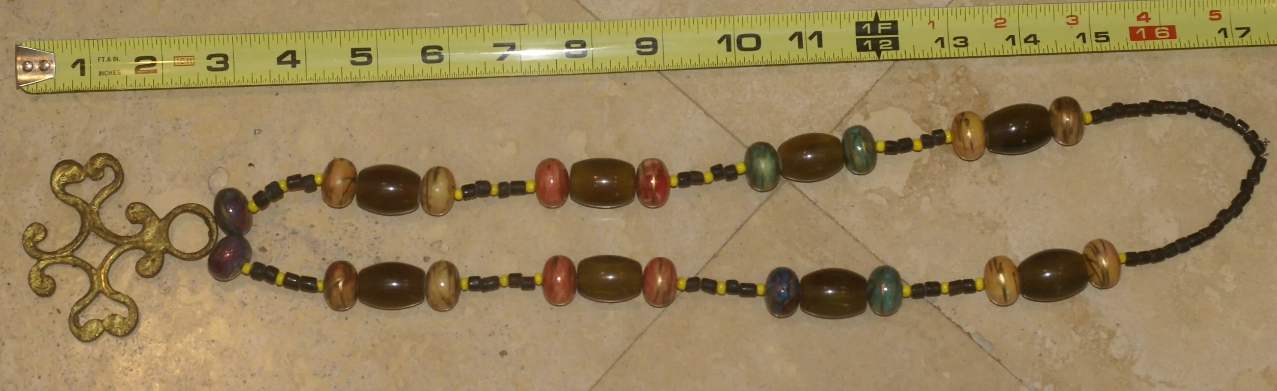 Borneo Tribal Oran Ulu, Dayak, Iban Tribe Heavy Brass Earring Talisman, Ear Weight Now Used as a Pendant for a Necklace with Large Amber Beads & Old Glass Trade Beads NB20