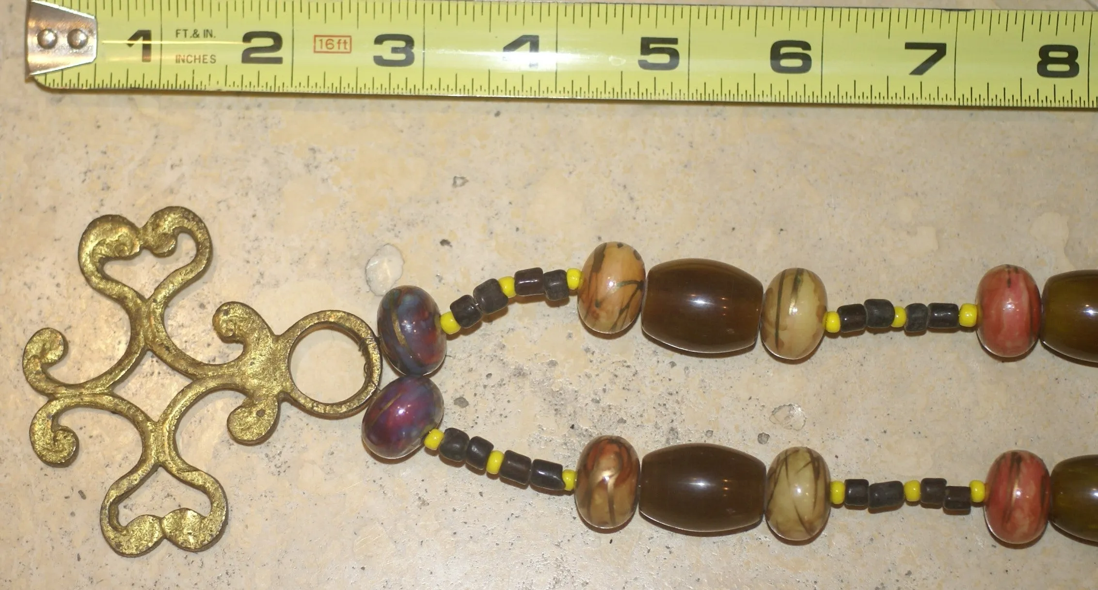 Borneo Tribal Oran Ulu, Dayak, Iban Tribe Heavy Brass Earring Talisman, Ear Weight Now Used as a Pendant for a Necklace with Large Amber Beads & Old Glass Trade Beads NB20