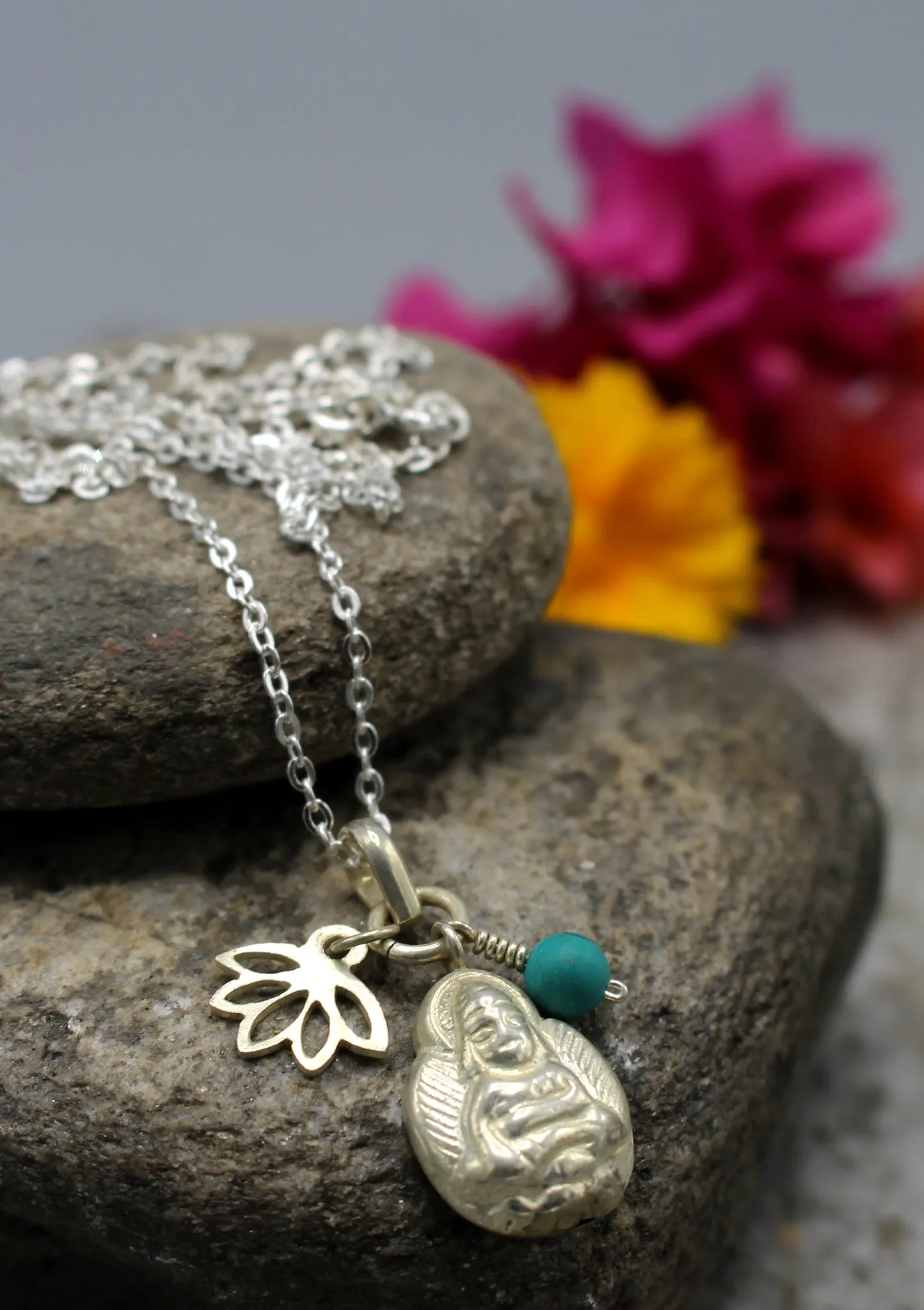 Buddha Pendant with Lotus and Turquoise Charms