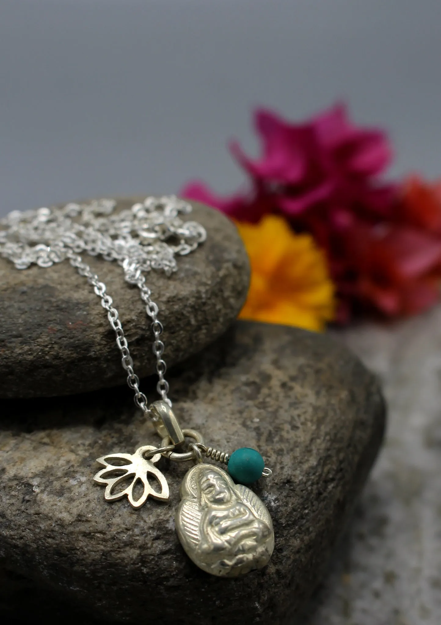 Buddha Pendant with Lotus and Turquoise Charms