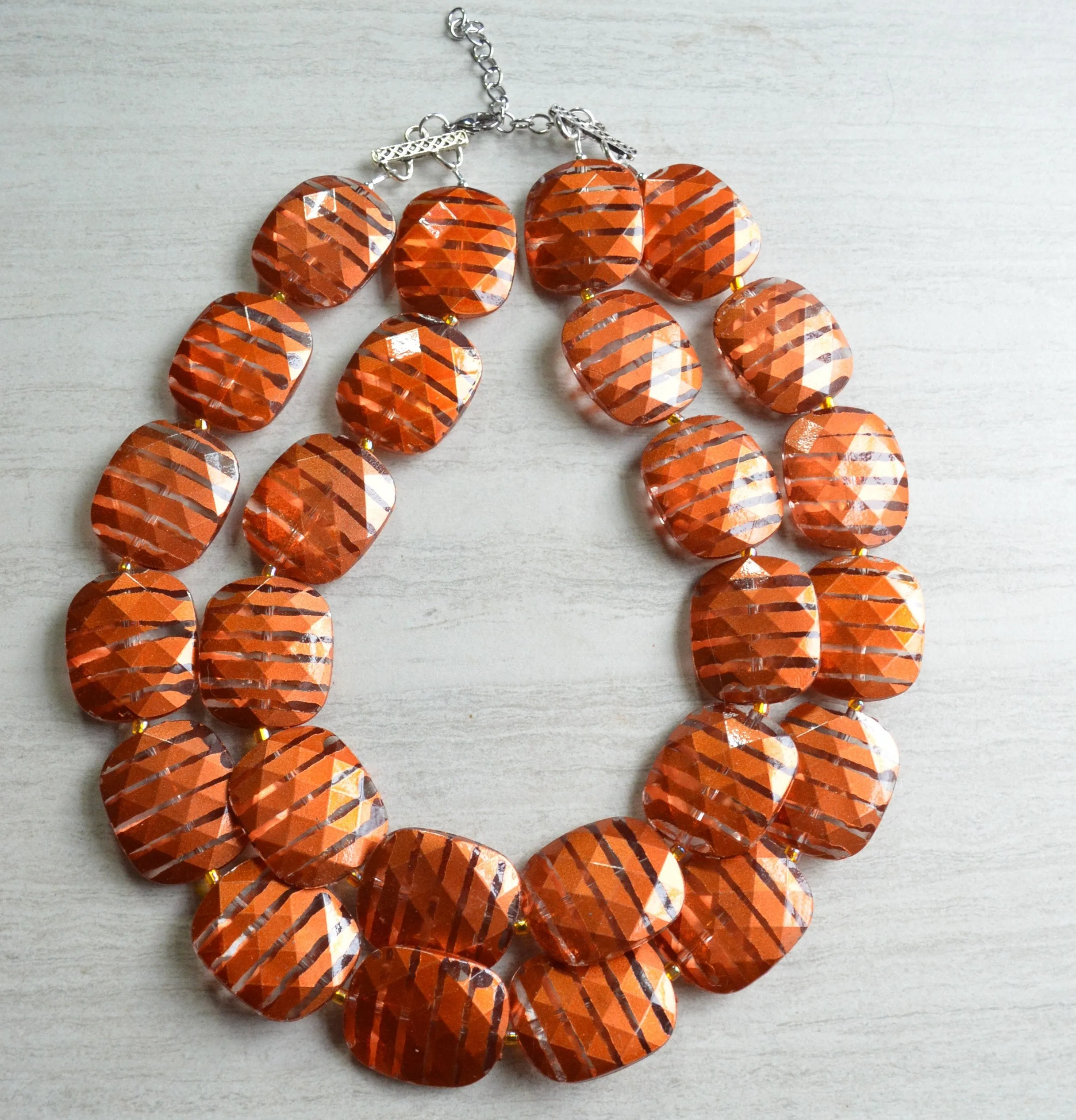 Burnt Orange Brown Acrylic Beaded Multi Strand Statement Necklace - Flora