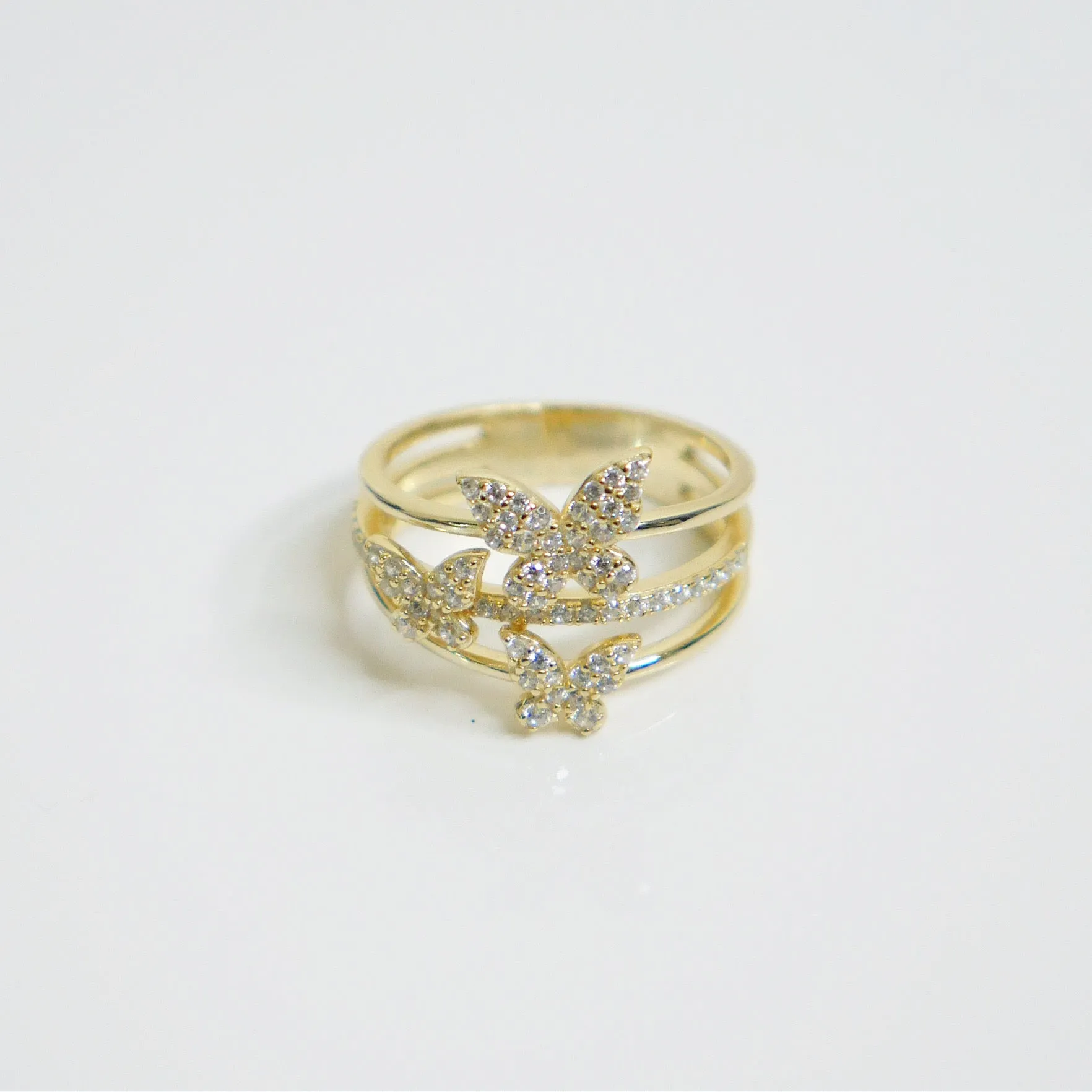 Butterfly Ring 925 Sterling Silver 14k Gold Plated Pave Diamond Three Layer Stacked Ring