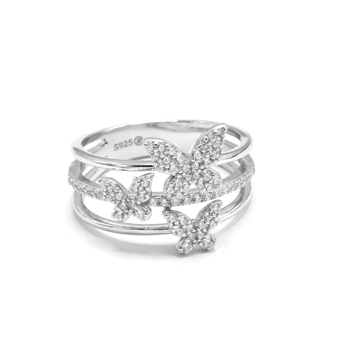 Butterfly Ring 925 Sterling Silver 14k Gold Plated Pave Diamond Three Layer Stacked Ring