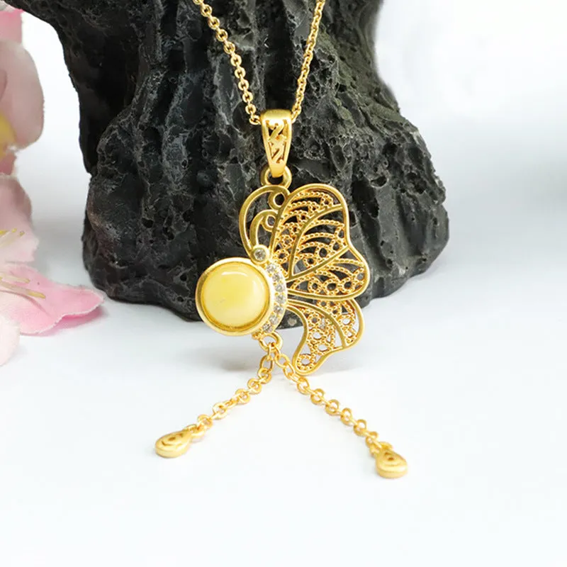 Butterfly Tassel Necklace with Natural Beeswax Amber Hollow Pendant