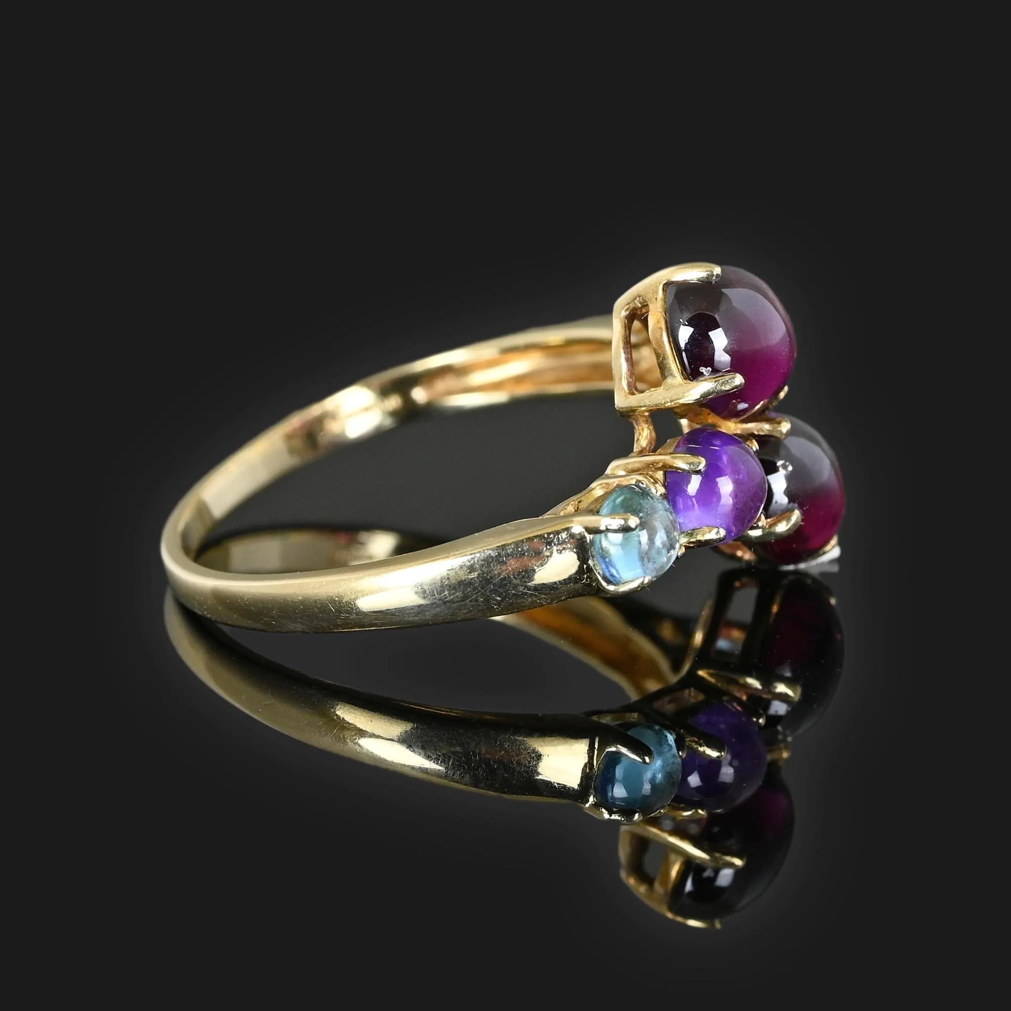 Cabochon Garnet, Amethyst, Blue Topaz Ring in Gold