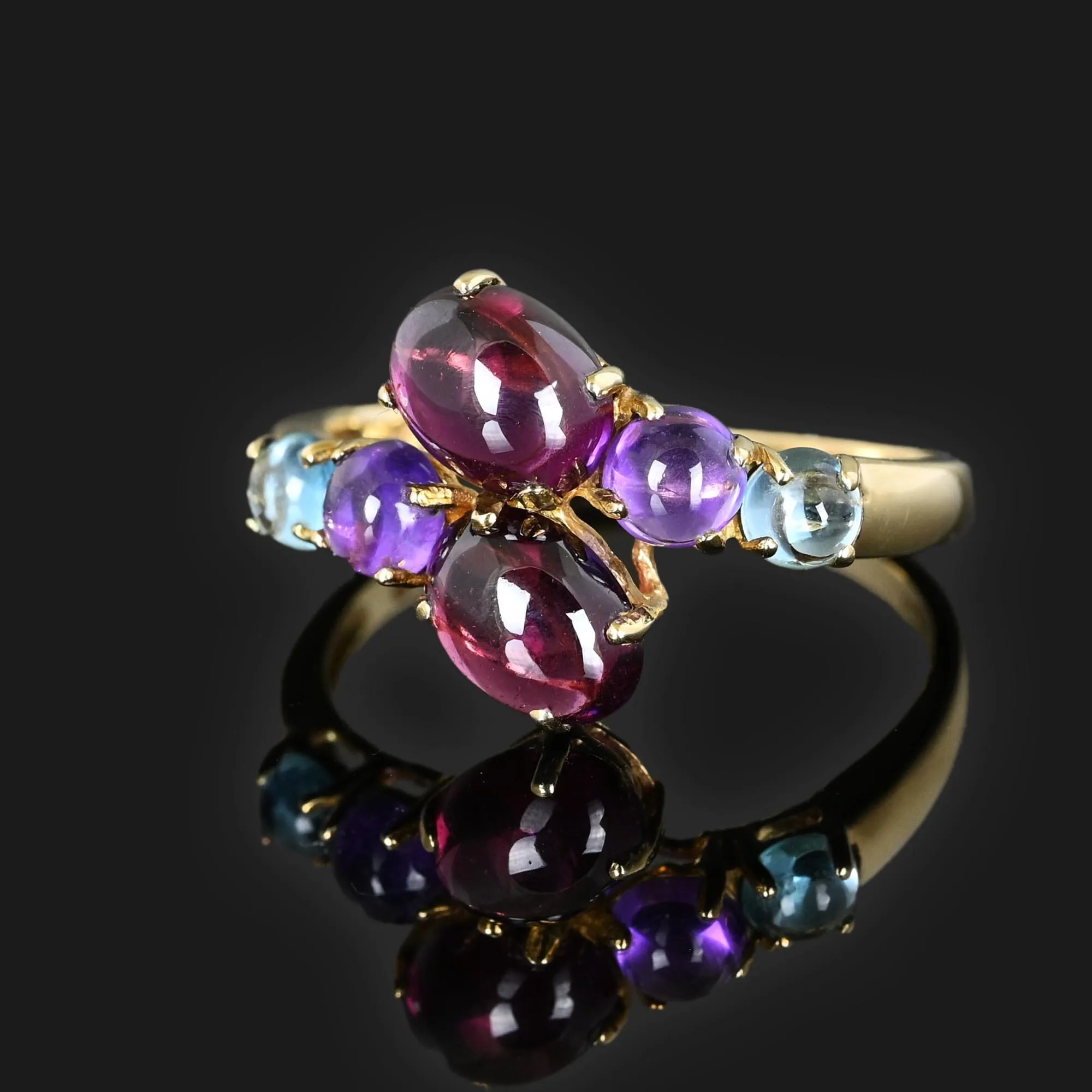 Cabochon Garnet, Amethyst, Blue Topaz Ring in Gold