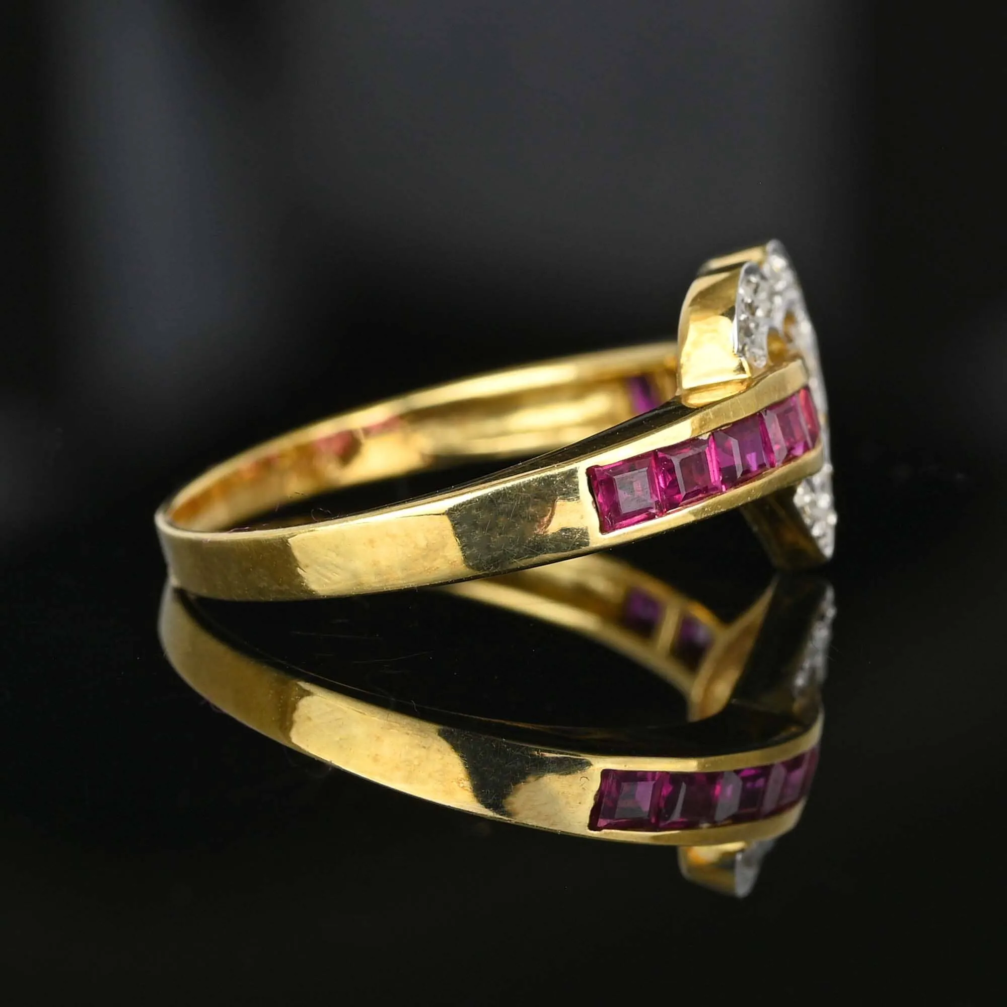 Carré Cut Ruby Diamond Heart Buckle Ring in 14K Gold