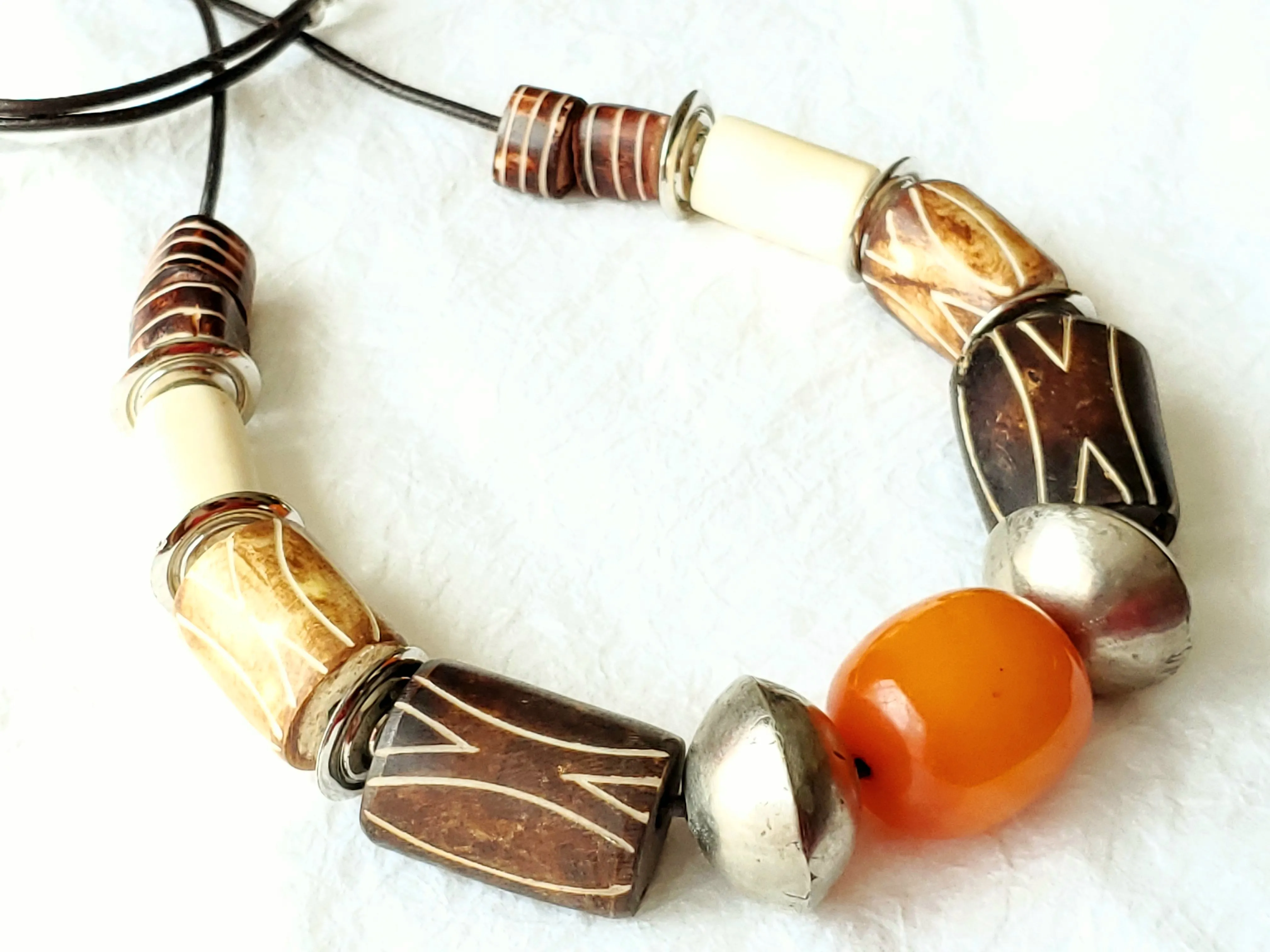 Carved Bone Orange Amber Resin Focal Silver Mali Rondelle Beads Leather Unisex Mens Necklace