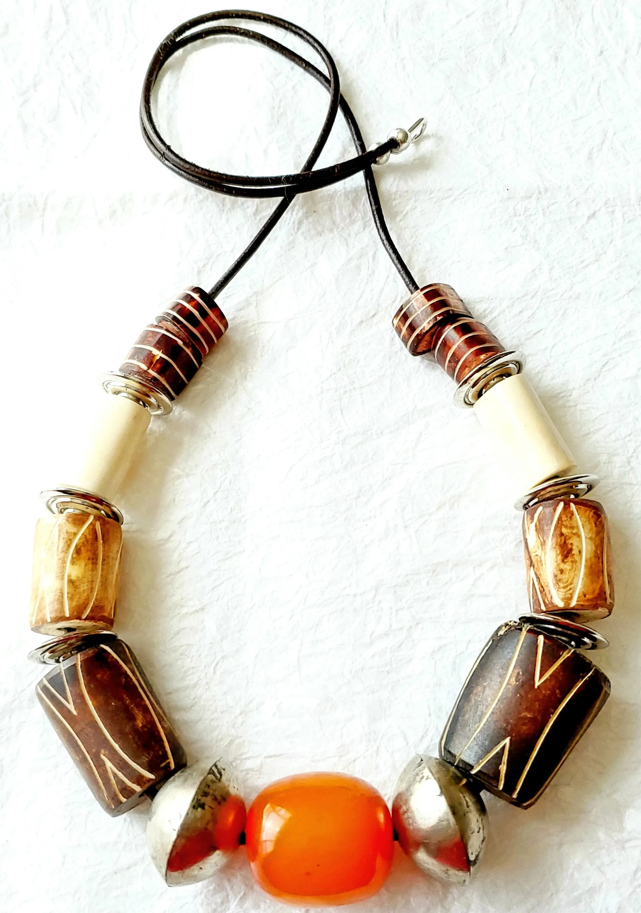 Carved Bone Orange Amber Resin Focal Silver Mali Rondelle Beads Leather Unisex Mens Necklace