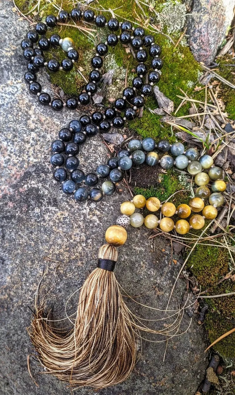 Cats Eye, Black Onyx & Silver Beads in 108 Bead Prayer Necklace