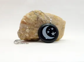 Celestial Chic: White Crescent Moon and Stars on Black Fused Glass Pendant on 20 inch Steel Chain