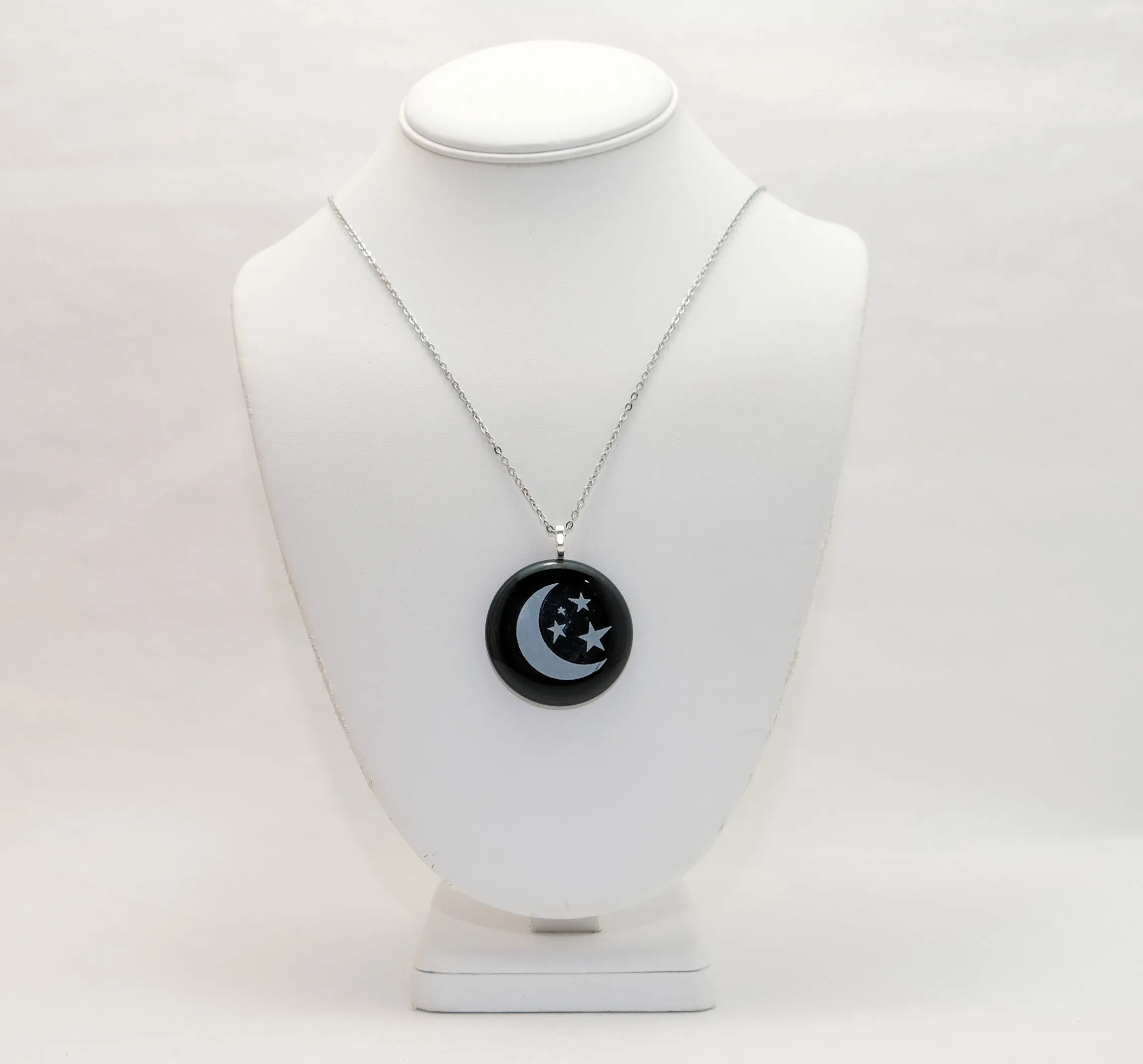 Celestial Chic: White Crescent Moon and Stars on Black Fused Glass Pendant on 20 inch Steel Chain