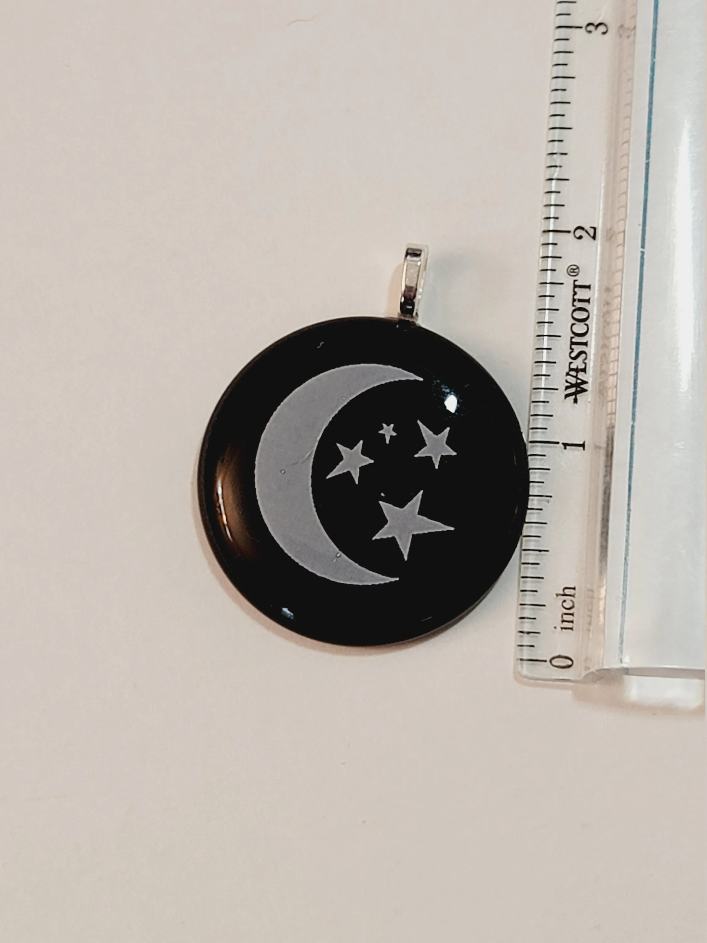 Celestial Chic: White Crescent Moon and Stars on Black Fused Glass Pendant on 20 inch Steel Chain