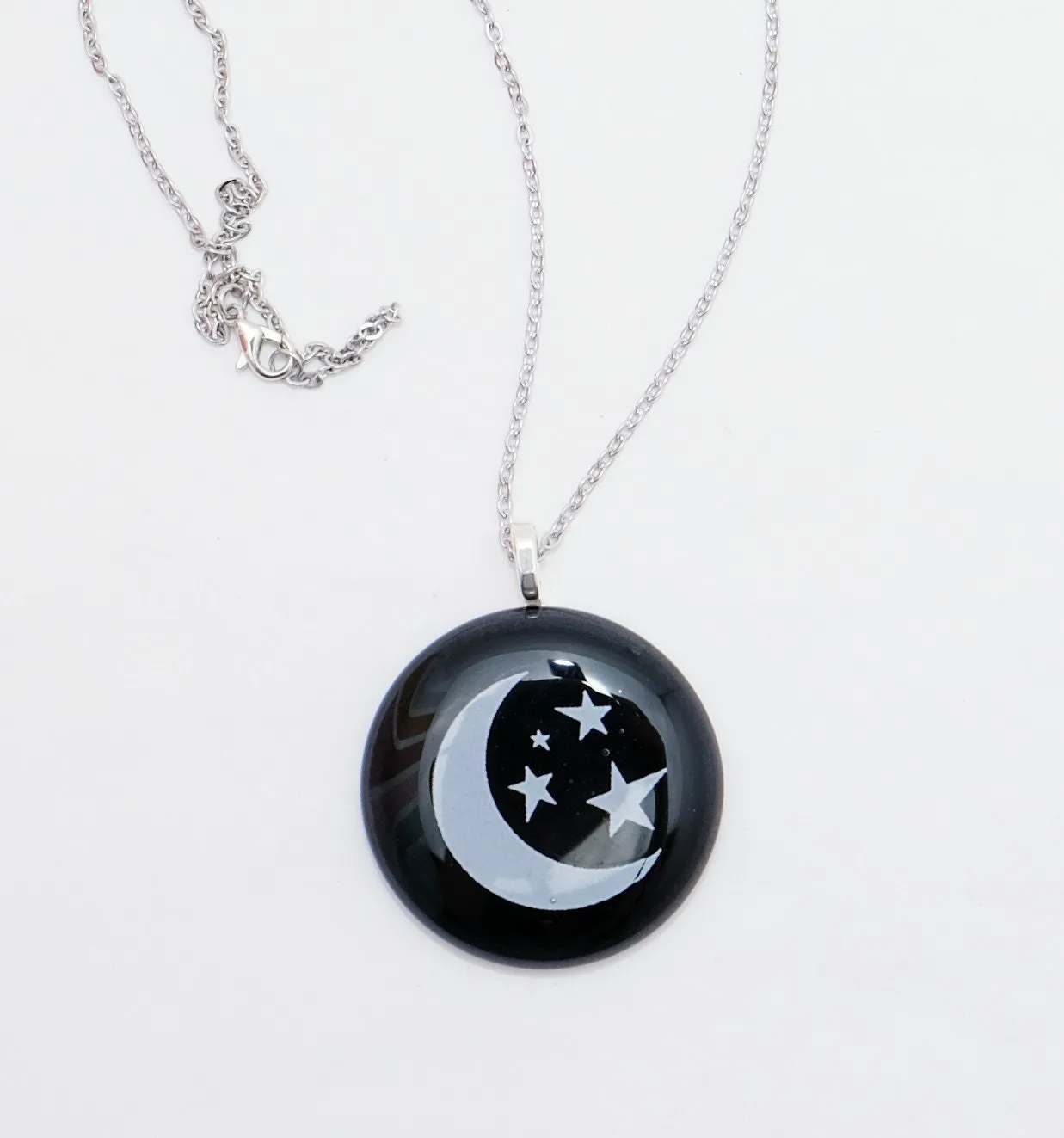 Celestial Chic: White Crescent Moon and Stars on Black Fused Glass Pendant on 20 inch Steel Chain